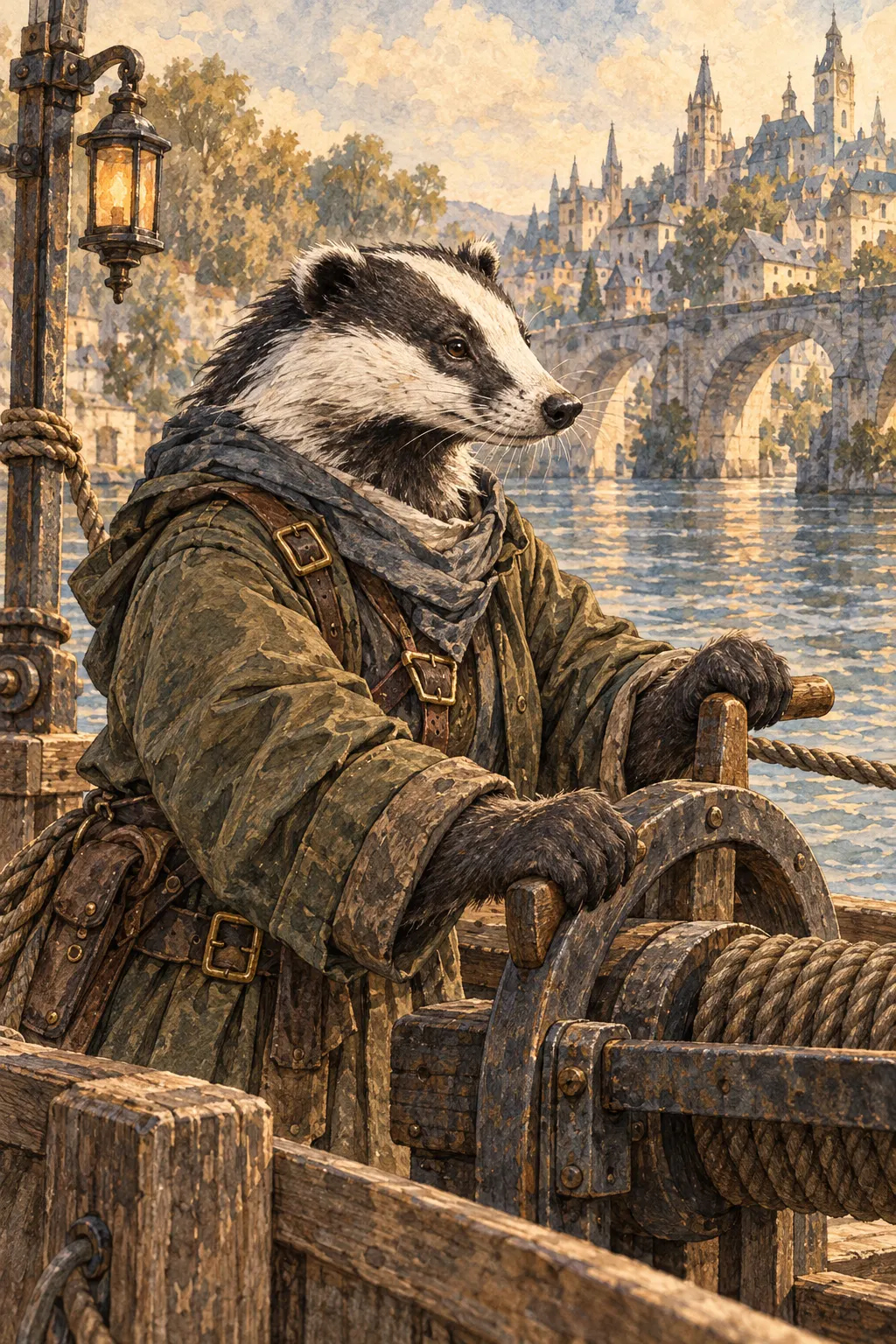 Agathe Brock, an elderly badger in a worn green coat and scarf, holds the ferry’s hand-wheel by the river.