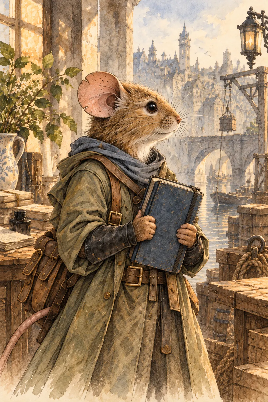 Mallow Fenn, a young brown mouse in a green coat and grey scarf, holds his blue notebook by the river below the city.