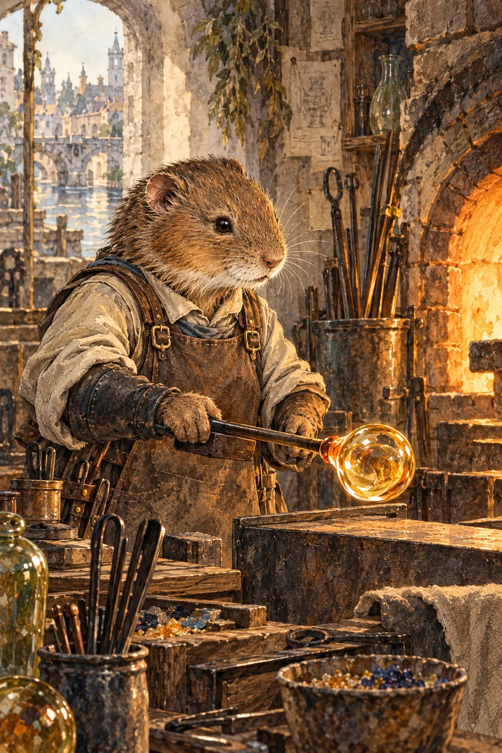 Tansy Moor, a vole in a leather apron and gauntlets, holds a glowing glass gather on an iron pipe beside a furnace.